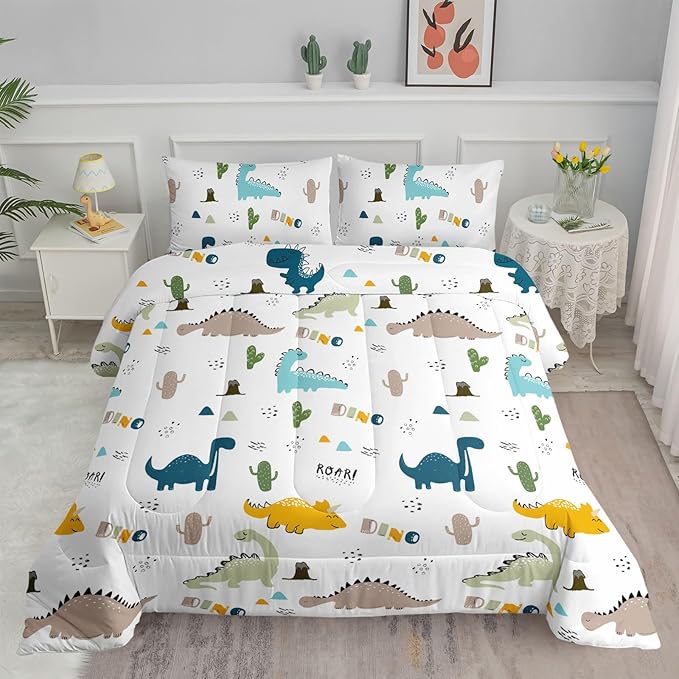 Datura home Dinosaur Comforter Set White Kawaii Dinosaur Printed Quilt Bedding Set with 1 Comforter and 2 Pillowcases for Boys and Girls Bedroom All Season(White Dinosaur Full) - LeafyLoom