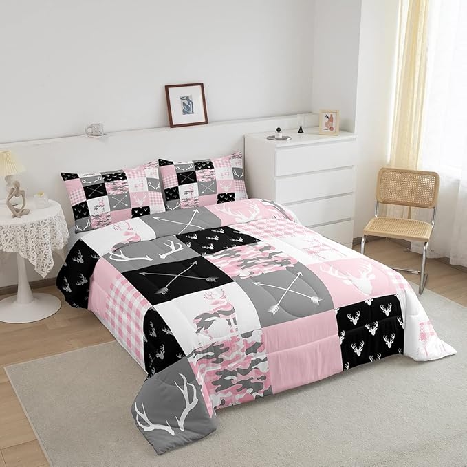 Pink Camo Deer Silhouette Kids Comforter Set King Size,Rustic Farmhouse Animals Hunting Bedding 3pcs for Boys Girls Room Decor,Antlers Boho Arrow Geometric Plaids Patchwork Duvet Insert,2 Pillowcases - LeafyLoom