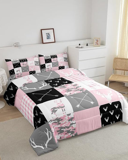 Pink Camo Antlers Kids Comforter Set Full Size,Geometric Checkered Boho Arrows Patchwork Bedding Set,Wild Animals Hunting Rustic Farmhouse Down Comforter,Boys Girls Xmas Bedroom Decor,2 Pillowcases - LeafyLoom