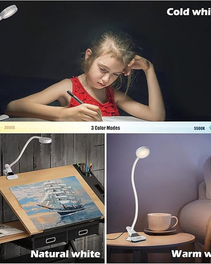 Desk lamp, LED Reading Light, Dimmable Clamp Lamp for Bed Headboard, Bedroom, Office, 3 Modes & 9 Dimming Levels, Flexible Clip Desk Lamp - LeafyLoom