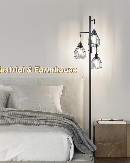 68.5” Dimmable Floor Lamp, Industrial Farmhouse Floor Lamps with Elegant Teardrop Cages, Rustic Floor Lamps Black Tall Vintage Pole Lamps for Living Room Bedroom Office, 3 LED Bulbs Included - LeafyLoom