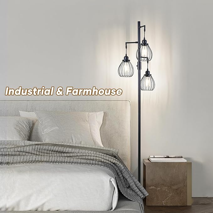 68.5” Dimmable Floor Lamp, Industrial Farmhouse Floor Lamps with Elegant Teardrop Cages, Rustic Floor Lamps Black Tall Vintage Pole Lamps for Living Room Bedroom Office, 3 LED Bulbs Included - LeafyLoom
