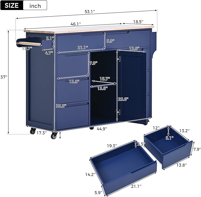 Mobile Cart with Rubber Wood Countertop, Kitchen Island on Lockable Wheels w/Drawer and Storage Cabinet for Dining Room, Bar, Dark Blue, 53.15 Inch - LeafyLoom