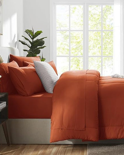 CozyLux Queen Size Comforter Set - 7 Pieces Bed in a Bag Set Burnt Orange, Bedding Sets Queen with All Season Quilted Comforter, Flat Sheet, Fitted Sheet, Pillowcases, Terracotta, Queen - LeafyLoom