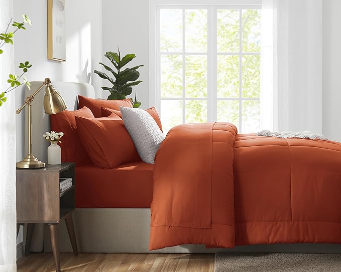 CozyLux Queen Size Comforter Set - 7 Pieces Bed in a Bag Set Burnt Orange, Bedding Sets Queen with All Season Quilted Comforter, Flat Sheet, Fitted Sheet, Pillowcases, Terracotta, Queen - LeafyLoom