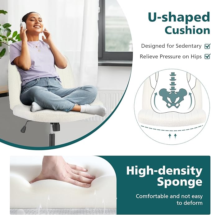 OLIXIS Cross Legged Armless Wide Adjustable Swivel Padded Home Office Desk Chair, Off White - LeafyLoom