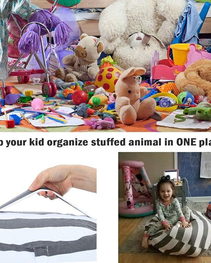 2 Packs Stuffed Animal Storage Beanbag Cover 24" Bean Bag Storage for Kids Girs Boys Room Toys Organizer Heavy-duty Zipper Bean Bag Chair Covers Only Grey Blue White Stripes Cotton Canvas - LeafyLoom
