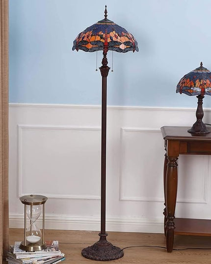 Bieye L10703 Dragonfly Tiffany Style Stained Glass Floor Lamp with 16 Inch Wide Complex Design Lampshade and Metal Base, Orange Blue, 65 Inch Tall - LeafyLoom