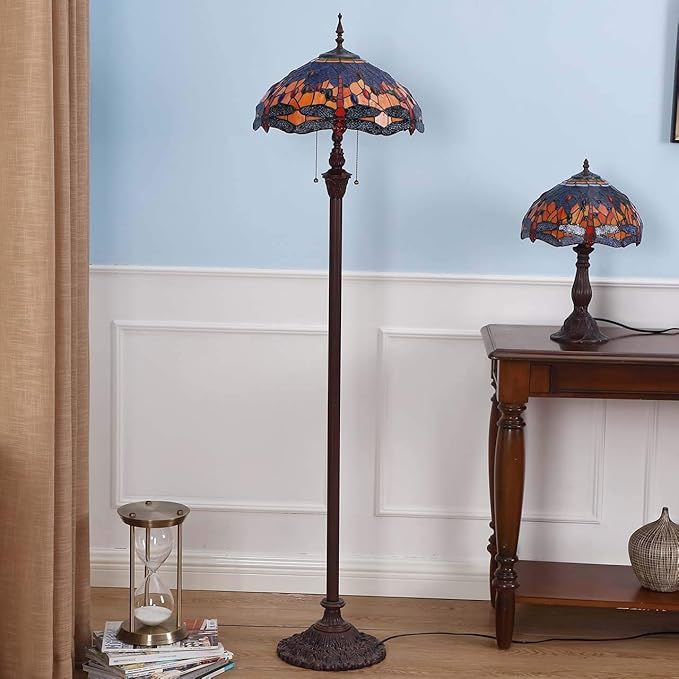 Bieye L10703 Dragonfly Tiffany Style Stained Glass Floor Lamp with 16 Inch Wide Complex Design Lampshade and Metal Base, Orange Blue, 65 Inch Tall - LeafyLoom