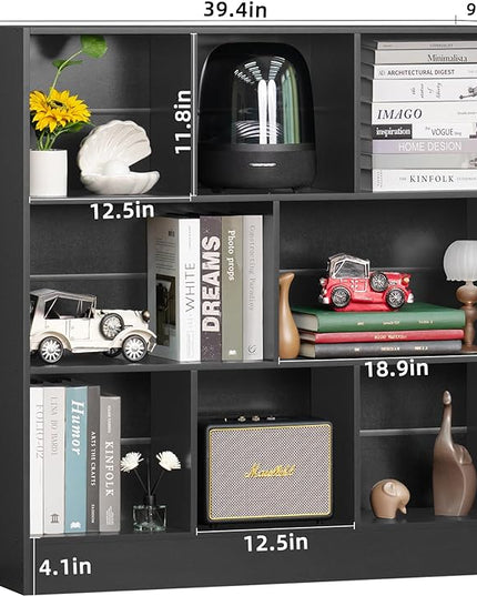 YAHARBO Black Wide Bookshelf,3 Tier Modern Horizontal Bookcase,Wood Low Bookshelves Display Storage Cabinet with Base,Floor Standing 8 Cube Large Bookcases Organizer for Bedroom,Living Room,Office - LeafyLoom