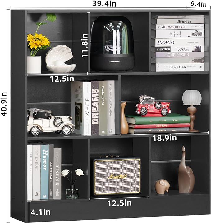 YAHARBO Black Wide Bookshelf,3 Tier Modern Horizontal Bookcase,Wood Low Bookshelves Display Storage Cabinet with Base,Floor Standing 8 Cube Large Bookcases Organizer for Bedroom,Living Room,Office - LeafyLoom