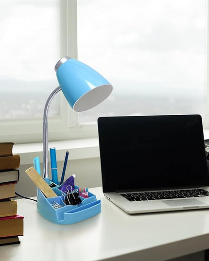 Simple Designs LD1067-BLU Compartmental Desk Lamp with iPhone/iPad/Tablet Stand, Bendable Gooseneck, for Office, Living Room, Nightstand, Library, Entryway, Blue - LeafyLoom