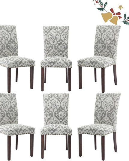 Parsons Dining Chairs Set of 6, Upholstered Nailhead Dining Room Kitchen Side Chair with Thick Cushions and Wood Legs, White/Grey - LeafyLoom