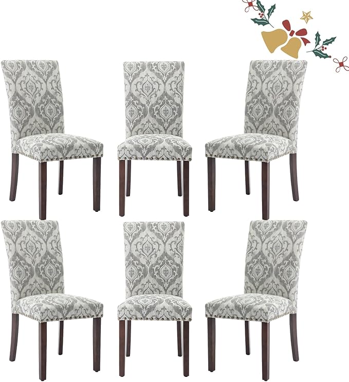 Parsons Dining Chairs Set of 6, Upholstered Nailhead Dining Room Kitchen Side Chair with Thick Cushions and Wood Legs, White/Grey - LeafyLoom