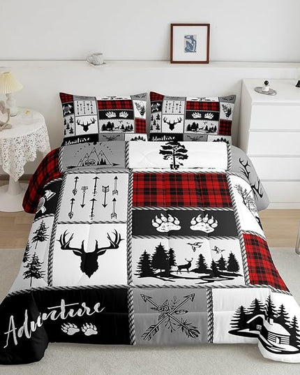Deer Antlers Comforter Set Queen Size,Bear Paws Pine Trees Xmas Bedding Set for Kids Boys Girls Adults Room Decor,Lattices Patchwork Rustic Farmhouse Down Comforter,Red Duvet Insert,2 Pillowcases - LeafyLoom