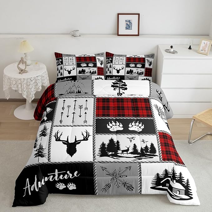 Deer Antlers Comforter Set Queen Size,Bear Paws Pine Trees Xmas Bedding Set for Kids Boys Girls Adults Room Decor,Lattices Patchwork Rustic Farmhouse Down Comforter,Red Duvet Insert,2 Pillowcases - LeafyLoom