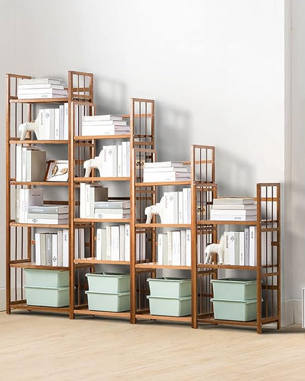 IOTXY Bamboo Open Bookshelf - Small 5-Tier Free-Standing Storage Rack, Multifunctional Display Stand for Bookcase, Home and Office, Light Brown - LeafyLoom