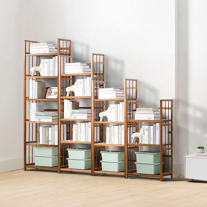 IOTXY Bamboo Open Bookshelf - Small 5-Tier Free-Standing Storage Rack, Multifunctional Display Stand for Bookcase, Home and Office, Light Brown - LeafyLoom