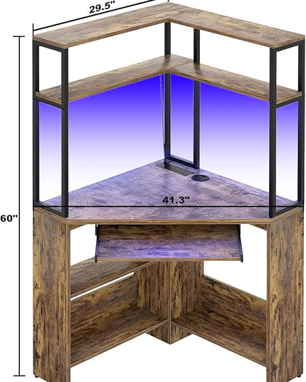 Cyclysio Small Corner Desk with Hutch, Heavy Duty Corner Computer Desk with Power Outlets & LED Light, Triangle Corner Gaming Desk with Keyboard Tray for Home Office, Small Space, Workstation Brown - LeafyLoom