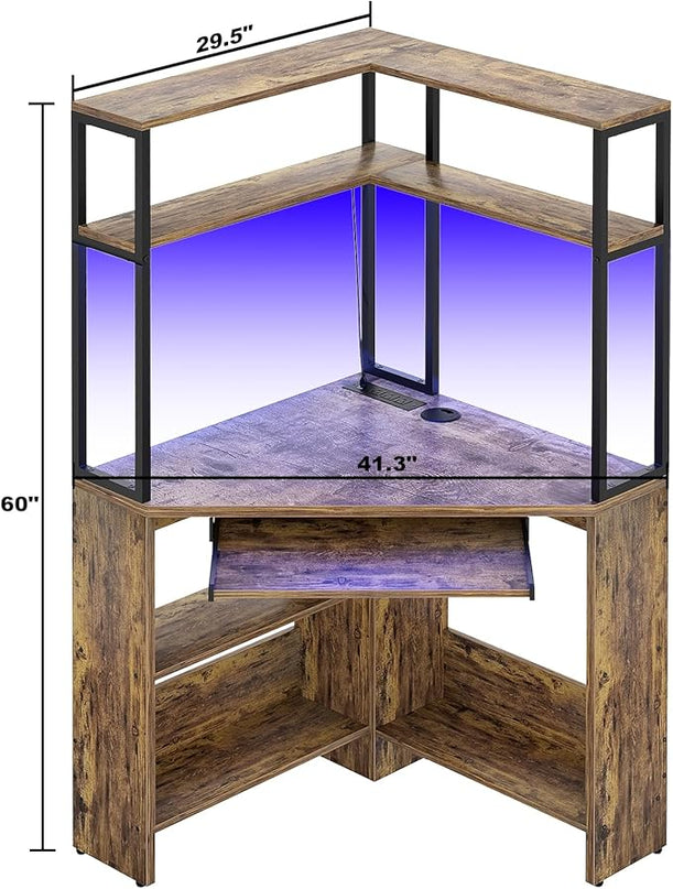 Cyclysio Small Corner Desk with Hutch, Heavy Duty Corner Computer Desk with Power Outlets & LED Light, Triangle Corner Gaming Desk with Keyboard Tray for Home Office, Small Space, Workstation Brown - LeafyLoom