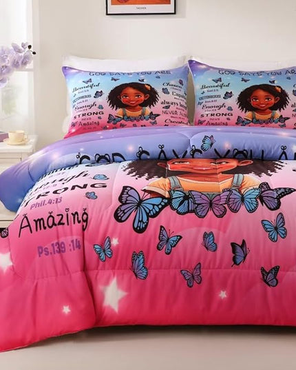 Black Girl Comforter Set, Full for Kids Teens, 3Pieces - 1 Comforter, 2 Pillow Shams, Premium Microfiber, Medium Weight, Motivational Decor, Machine Washable - LeafyLoom