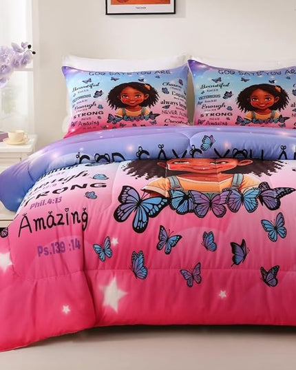 Black Girl Comforter Set Twin for Kids Teens,God Says You are Comforter Set for Black Women,Black Girl Magic Bedding Set,African American Girl Bed Bedroom Set - LeafyLoom