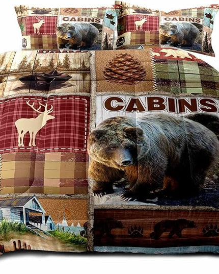 LUVIVIHOME 3PCS Rustic Cabin Comforter Set Queen Size, Bear Bedding Sets, Elk Deer Forest Woodland Animals Wildlife Hunting Country Farmhouse Red Buffalo Plaid Lodge Patchwork Quilt, 2 Pillow Shams - LeafyLoom