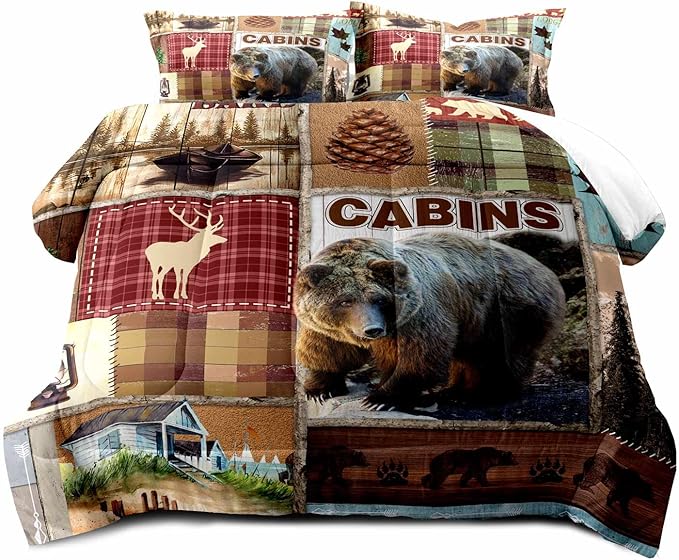 LUVIVIHOME 3PCS Rustic Cabin Comforter Set Queen Size, Bear Bedding Sets, Elk Deer Forest Woodland Animals Wildlife Hunting Country Farmhouse Red Buffalo Plaid Lodge Patchwork Quilt, 2 Pillow Shams - LeafyLoom