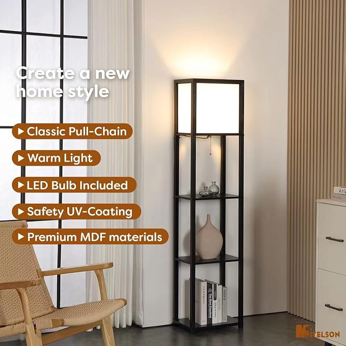 Floor Lamp with Shelves, 4-Tier Modern Shelf Floor Lamp, Corner Display Floor Lamp, Shelf Lamp with LED Bulb for Living Room, Bedroom and Office - Black - LeafyLoom