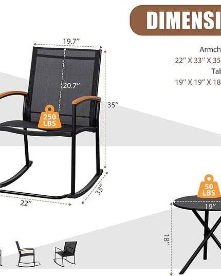 Shintenchi 3 Piece Outdoor Rocking Bistro Set, Textilene Fabric Small Patio Furniture Set, Front Porch Rocker Chairs Conversation Set with Table for Lawn, Garden, Balcony, Poolside (Black) - LeafyLoom