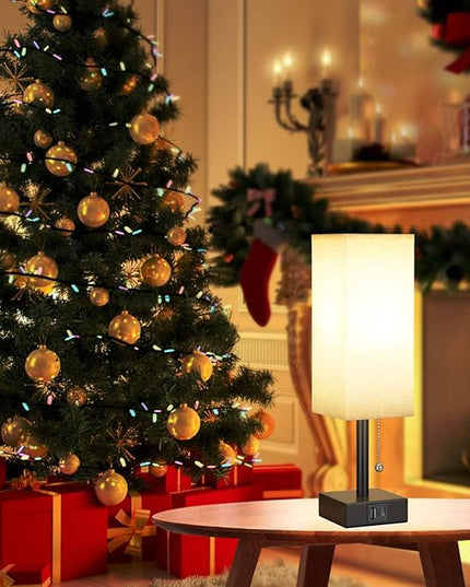 Bedside Table Lamp with 3 Color Temperatures - 3000/4000/5000K Small Lamp with USB C+A Ports, Nightstand Lamp with 3 Color Modes by Pull Chain, Bedroom Lamp for Living Read Work(LED Bulb Included) - LeafyLoom
