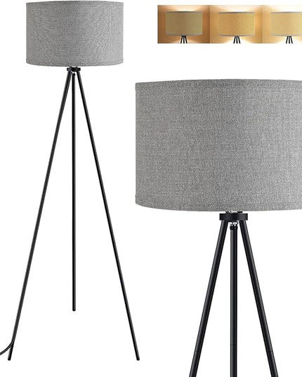 BoostArea Floor Lamp for Living Room, Tripod Floor Lamp, 15W LED Bulb, 3 Levels Dimmable Brightness, Gray Linen Lamp Shade, Mid Century Standing Lamp for Living Room, Bedroom, Study Room and Office - LeafyLoom