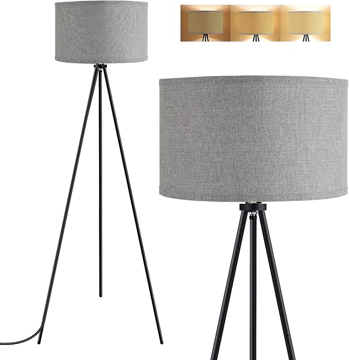 BoostArea Floor Lamp for Living Room, Tripod Floor Lamp, 15W LED Bulb, 3 Levels Dimmable Brightness, Gray Linen Lamp Shade, Mid Century Standing Lamp for Living Room, Bedroom, Study Room and Office - LeafyLoom