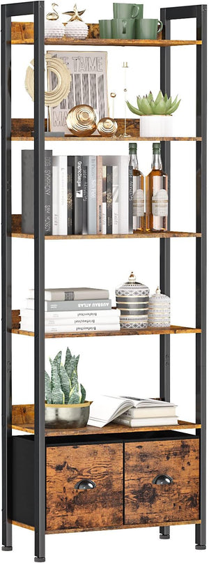 Furologee 6-Tier Bookshelf, Tall 71" Rustic Bookcase with 2 Drawers Storage Organizer, Industrial Display Free Standing Shelf Units, Wood and Metal Storage Rack for Home Office, Bedroom, Rustic Brown - LeafyLoom