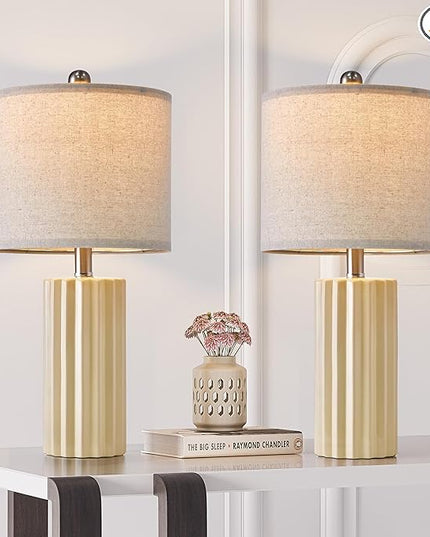 Oneach 21'' Farmhouse Ceramic Table Lamp Set of 2 for Bedroom Living Room House Decor Off-White Desk Lamps Home Office Dorm Rustic Modern Style Lamp - LeafyLoom