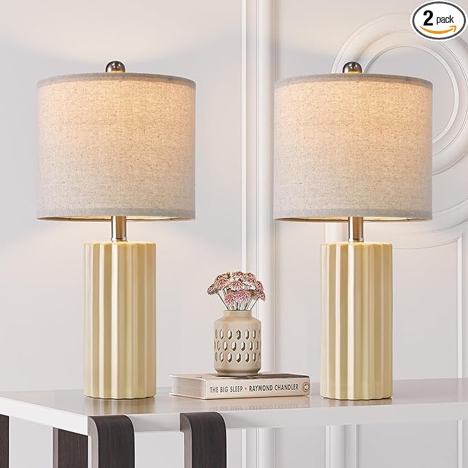 Oneach 21'' Farmhouse Ceramic Table Lamp Set of 2 for Bedroom Living Room House Decor Off-White Desk Lamps Home Office Dorm Rustic Modern Style Lamp - LeafyLoom
