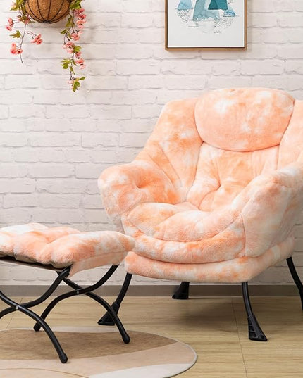 HollyHOME Faux-Fur Lazy Chair with Foldable Ottoman, Accent Comfy Lounge Arm Chair and Folding Footrest Stool Set, Leisure Sofa Reading Chair and Footstool for Living Room, Bedroom, Orange&White - LeafyLoom