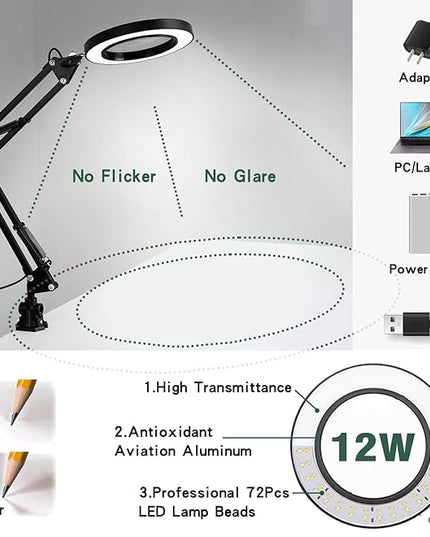 Magnifying Glass with Light and Stand, 10X Magnifying Lamp, 2-in-1 Magnifying Desk Lamp with Clamp, 3 Color Mode, Magnifying Glasses with Light for Close Work (Large Base ＆Clamp) - LeafyLoom