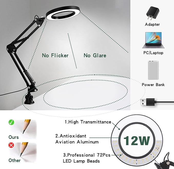 Magnifying Glass with Light and Stand, 10X Magnifying Lamp, 2-in-1 Magnifying Desk Lamp with Clamp, 3 Color Mode, Magnifying Glasses with Light for Close Work (Base(No Clamp)) - LeafyLoom