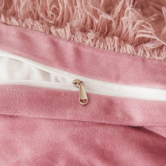 Old Pink Plush Fluffy Comforter Cover Set Queen - Ultra Soft Faux Fur Old Pink Bedding Sets 3 Pieces (1 Fuzzy Duvet Cover + 2 Pillow case) Shaggy Bed Set (Old Pink, Queen) - LeafyLoom