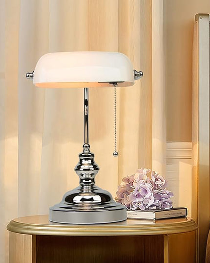 FIRVRE Bankers Lamp White Shade, Bankers Desk Lamp Library Lamp with Pull Chain, Vintage Desk Lamp for Office, Study Room - LeafyLoom