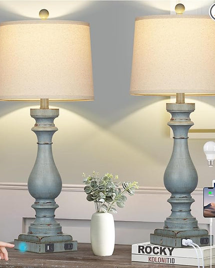 29" Tall Table Lamp for living room set of 2,Coastal Bedside Nightstand Lamps with USB C+A Ports & AC Outlet,3-Way Dimmable Touch Control Retro Blue Desk Lamp for Bedroom,color 3 - LeafyLoom
