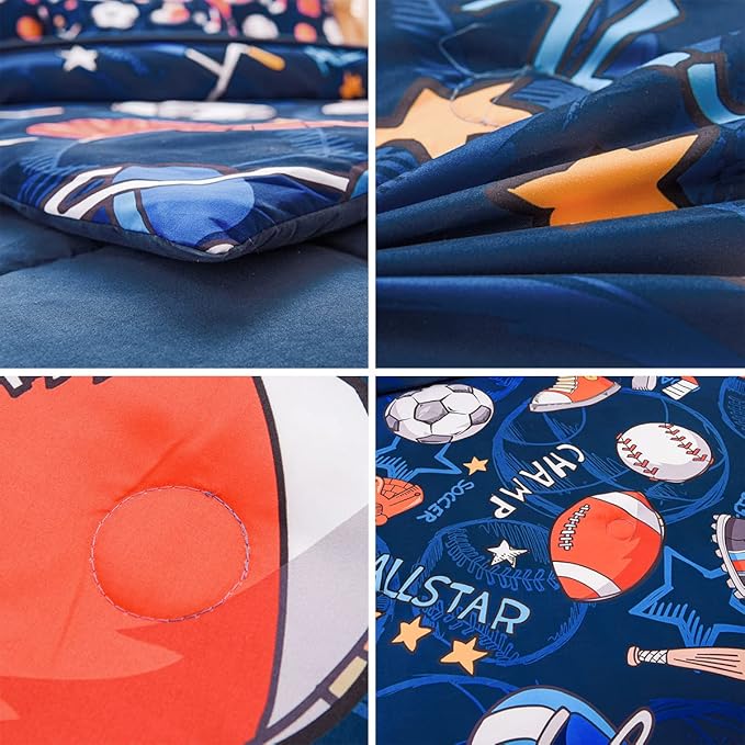 Sports Comforter Set with Sheet, 6 Pcs Bed in A Bag Twin Size Soccer Basketball Baseball Football Bedding Set for Boys Kids - LeafyLoom