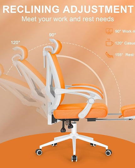 Misolant Ergonomic Office Chair with Footrest, Ergonomic Desk Chair with Adjustable 2D Lumbar Support, High Back Office Chair with Adjustable Headrest, Comfortable Office Chair Orange - LeafyLoom