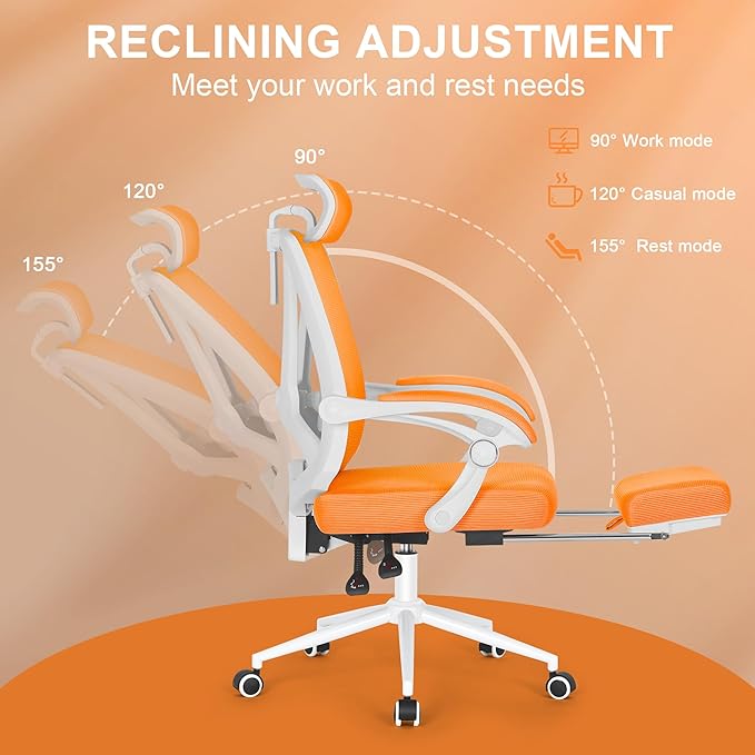 Misolant Ergonomic Office Chair with Footrest, Ergonomic Desk Chair with Adjustable 2D Lumbar Support, High Back Office Chair with Adjustable Headrest, Comfortable Office Chair Orange - LeafyLoom