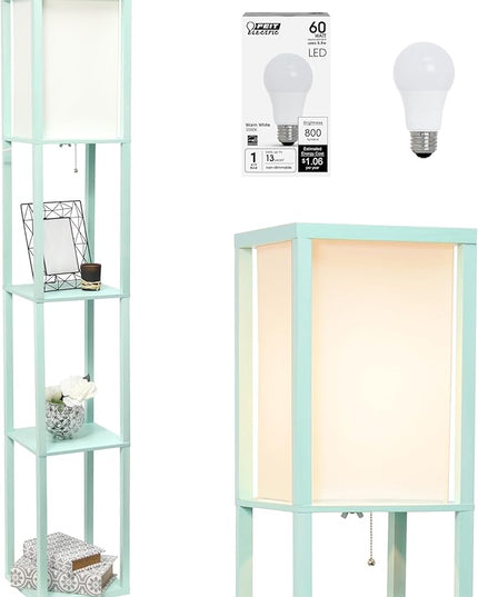 Simple Designs LF1014-AQU-LB Three Shelf Etagere Organizer Storage Floor Lamp with White Linen Shade for Living Room, Bedroom, Office, Hallway, Aqua, with Feit LED Bulb Included - LeafyLoom