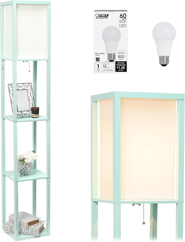 Simple Designs LF1014-AQU-LB Three Shelf Etagere Organizer Storage Floor Lamp with White Linen Shade for Living Room, Bedroom, Office, Hallway, Aqua, with Feit LED Bulb Included - LeafyLoom