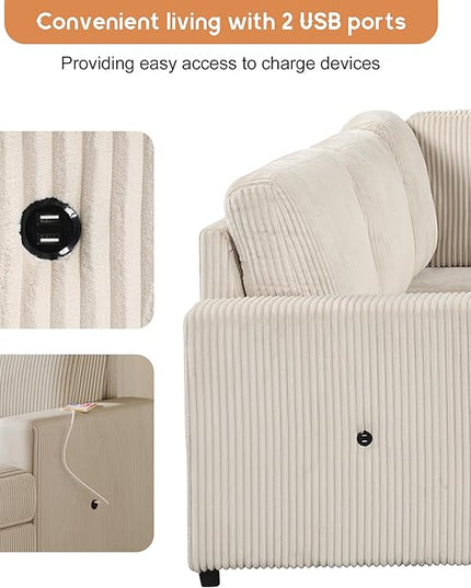6 Seater U Shaped Oversized Reversible Sleeper Sectional Sofa Pull Out Couch Bed with Right Hand Facing Chaise and USB Ports , Corduroy Upholstered Convertible Corner Sofabed Sofacama for Living Room - LeafyLoom