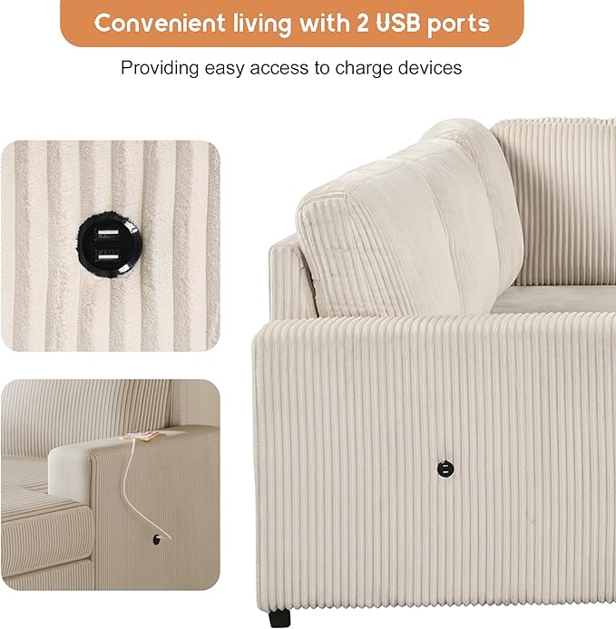 6 Seater U Shaped Oversized Reversible Sleeper Sectional Sofa Pull Out Couch Bed with Right Hand Facing Chaise and USB Ports , Corduroy Upholstered Convertible Corner Sofabed Sofacama for Living Room - LeafyLoom