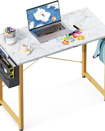ODK Laptop Desk Study Desk, 32 Inch Small Desk, Writing Desk with Storage, Work Table with Headphone Hook for Small Space Home Office, White Marble + Gold Leg - LeafyLoom